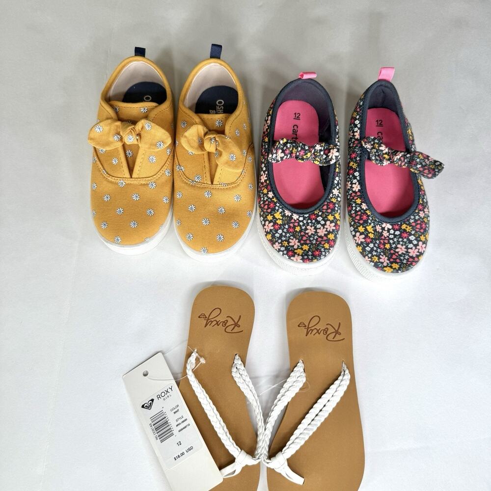LOT 3 CARTERS OshGosh Roxy Shoes Slip on Sneakers & Flip Flop Sandals 12 NEW